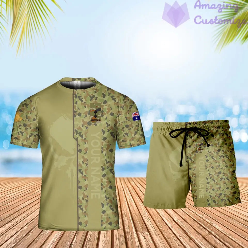 Personalisiertes australisches Soldaten-/Veteranen-Tarnmuster mit Namen und Rang, Kombi-T-Shirt + Shorts, 3D-Druck – 10052401QA