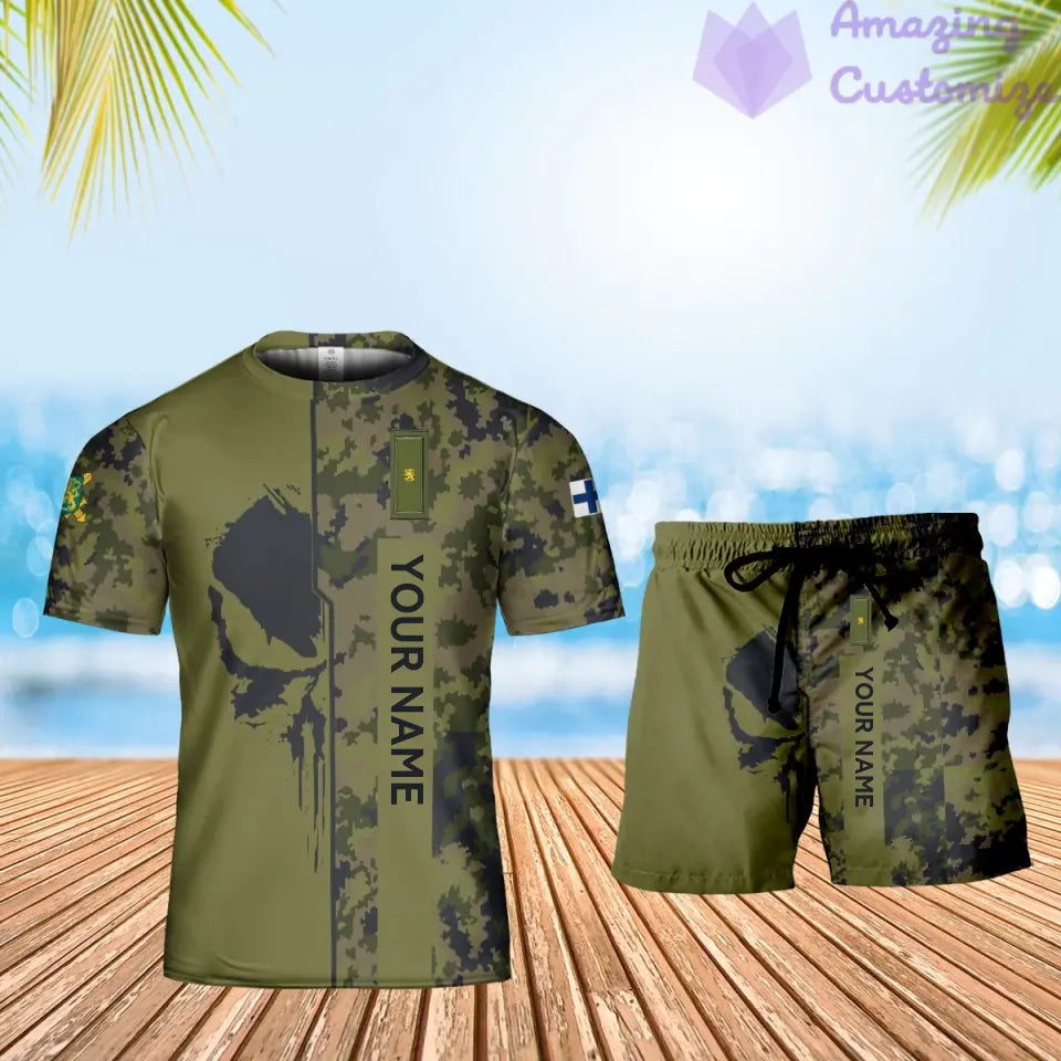 Personalisiertes finnisches Soldaten-/Veteranen-Tarnmuster mit Namen und Rang, Kombi-T-Shirt + Shorts, 3D-Druck – 10052401QA