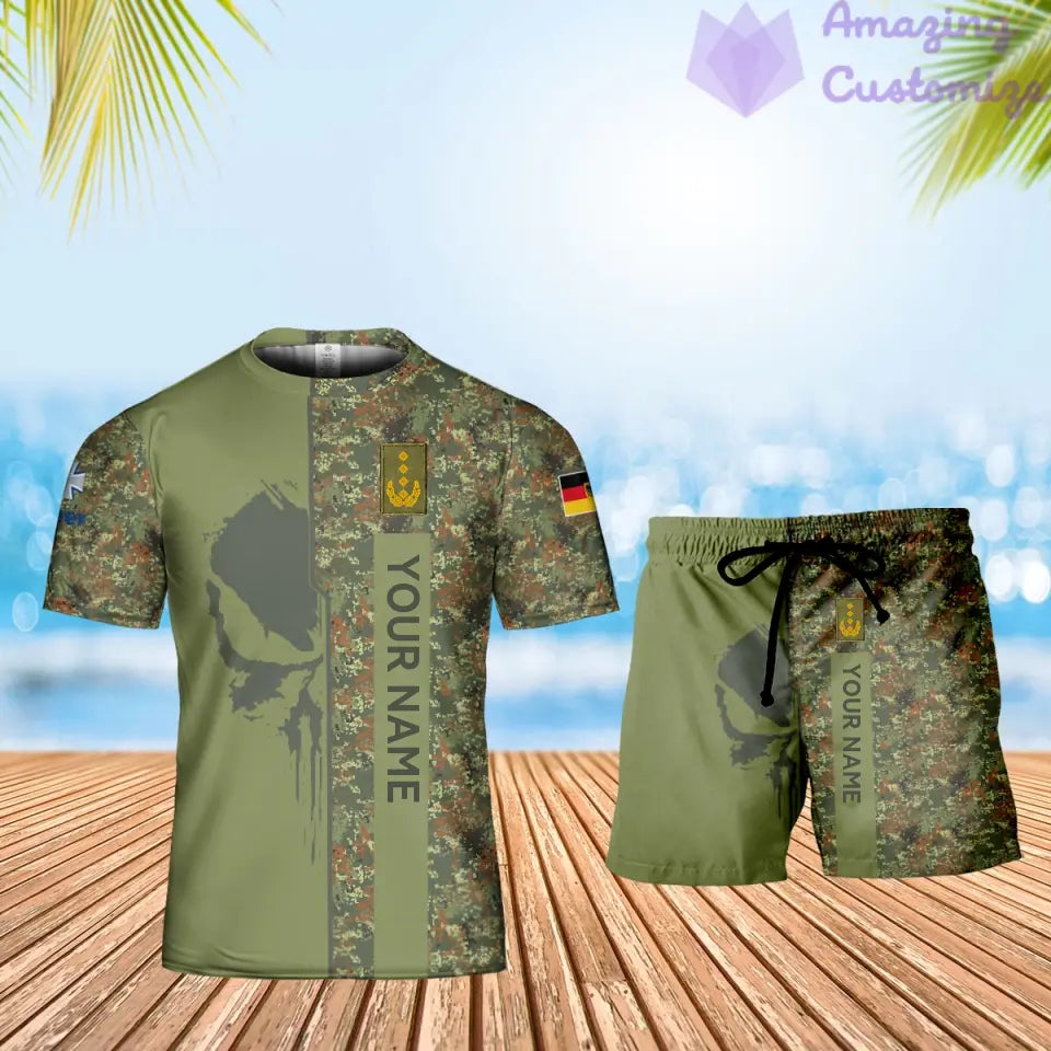 Personalisiertes deutsches Soldaten-/Veteranen-Tarnmuster mit Namen und Rang, Kombi-T-Shirt + Shorts, 3D-Druck – 10052401QA