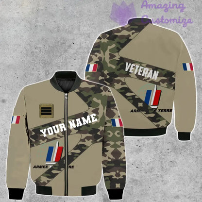 Personalisierte Bomberjacke mit Camouflage-Muster für französische Soldaten/Veteranen mit Namen und Rang, 3D-Druck – 300124QA