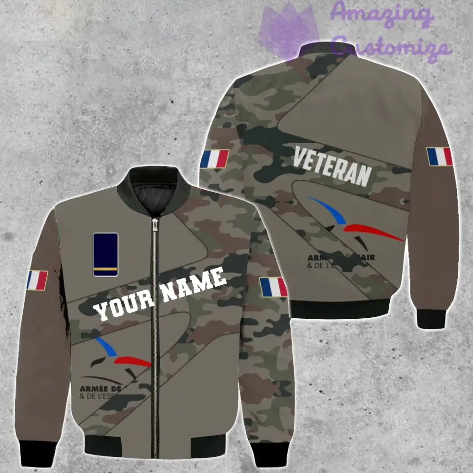 Personalisierte Bomberjacke mit Camouflage-Muster für französische Soldaten/Veteranen mit Namen und Rang, 3D-Druck – 300124QA