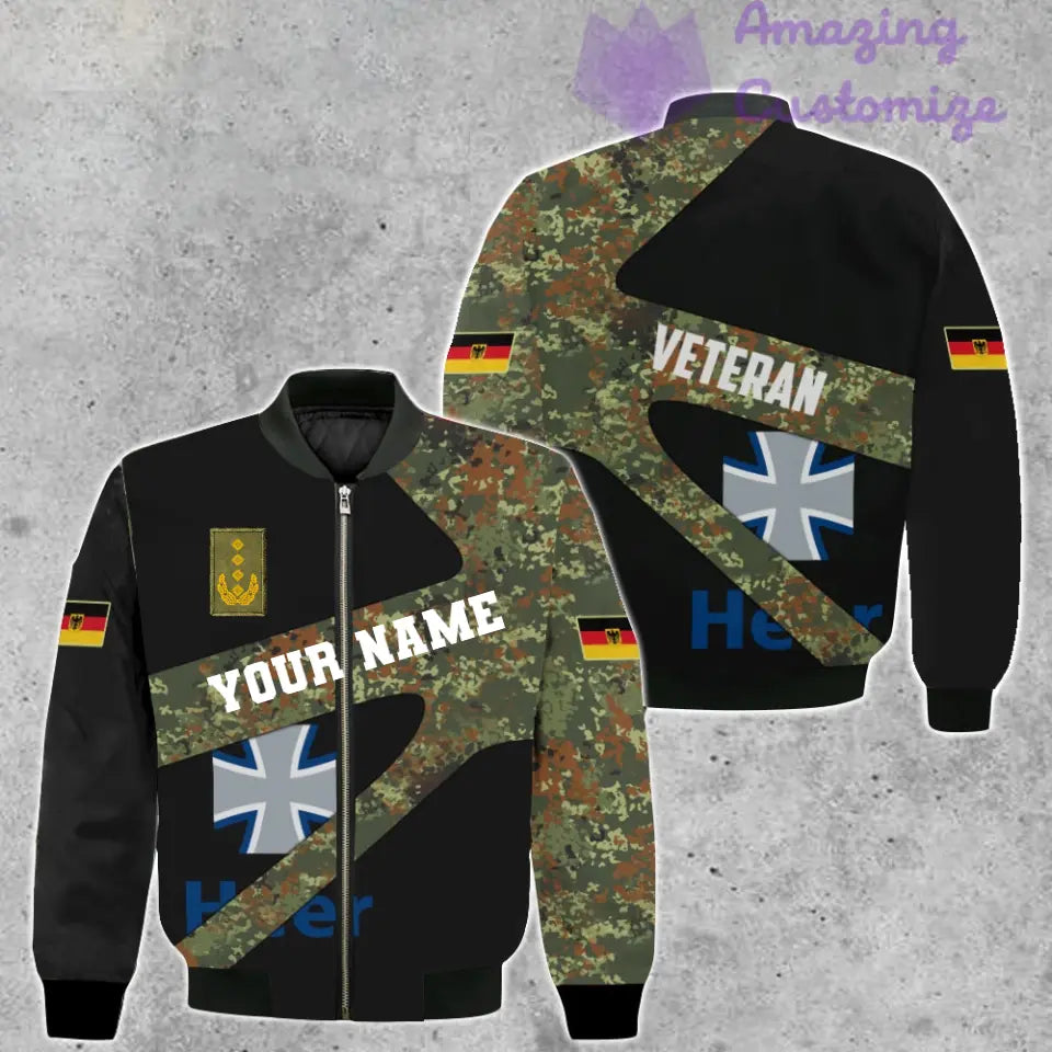 Personalisierte Bomberjacke mit Camouflage-Muster für deutsche Soldaten/Veteranen mit Namen und Rang, 3D-Druck – 300124QA