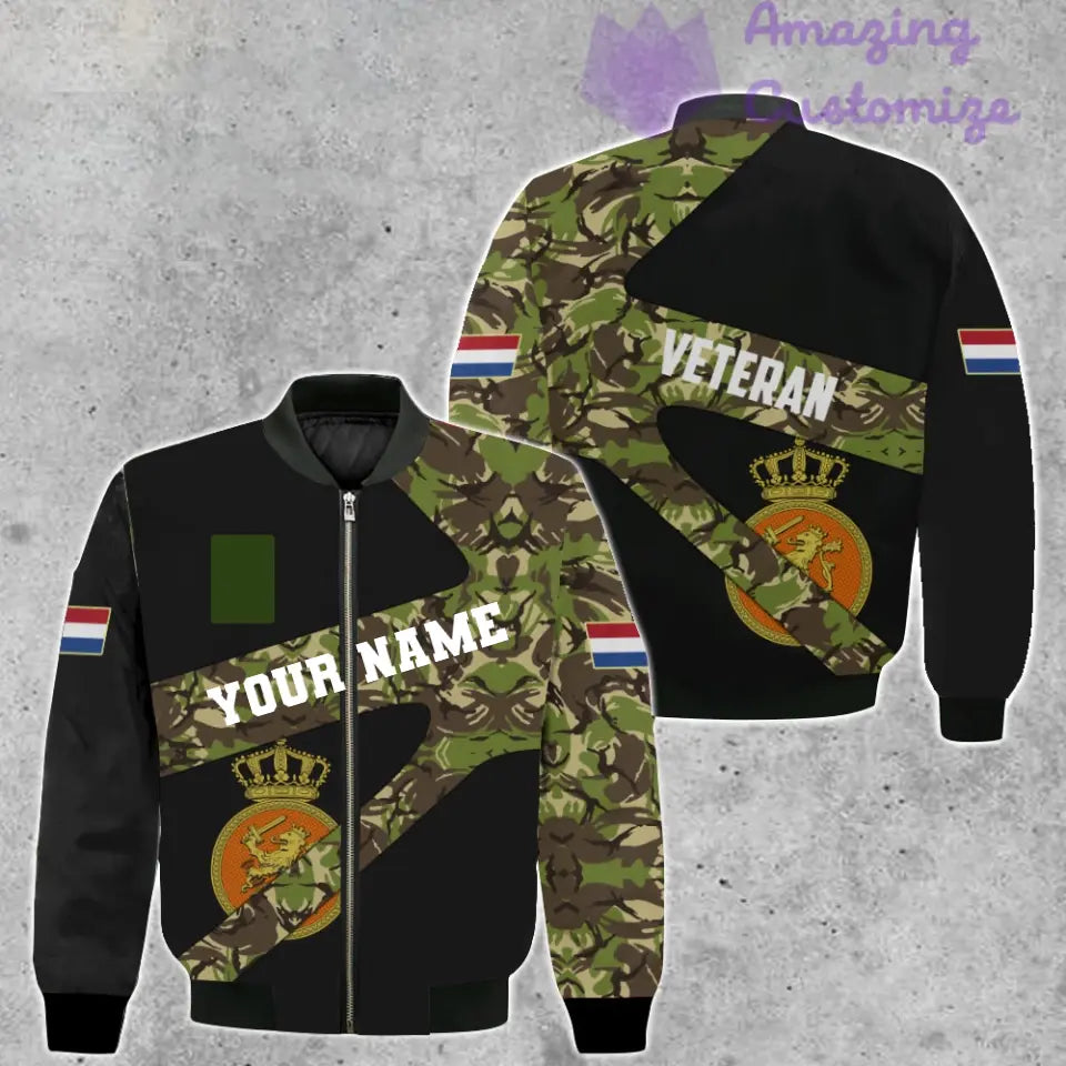 Personalisierte Bomberjacke mit Camouflage-Muster für niederländische Soldaten/Veteranen mit Namen und Rang, 3D-Druck – 300124QA