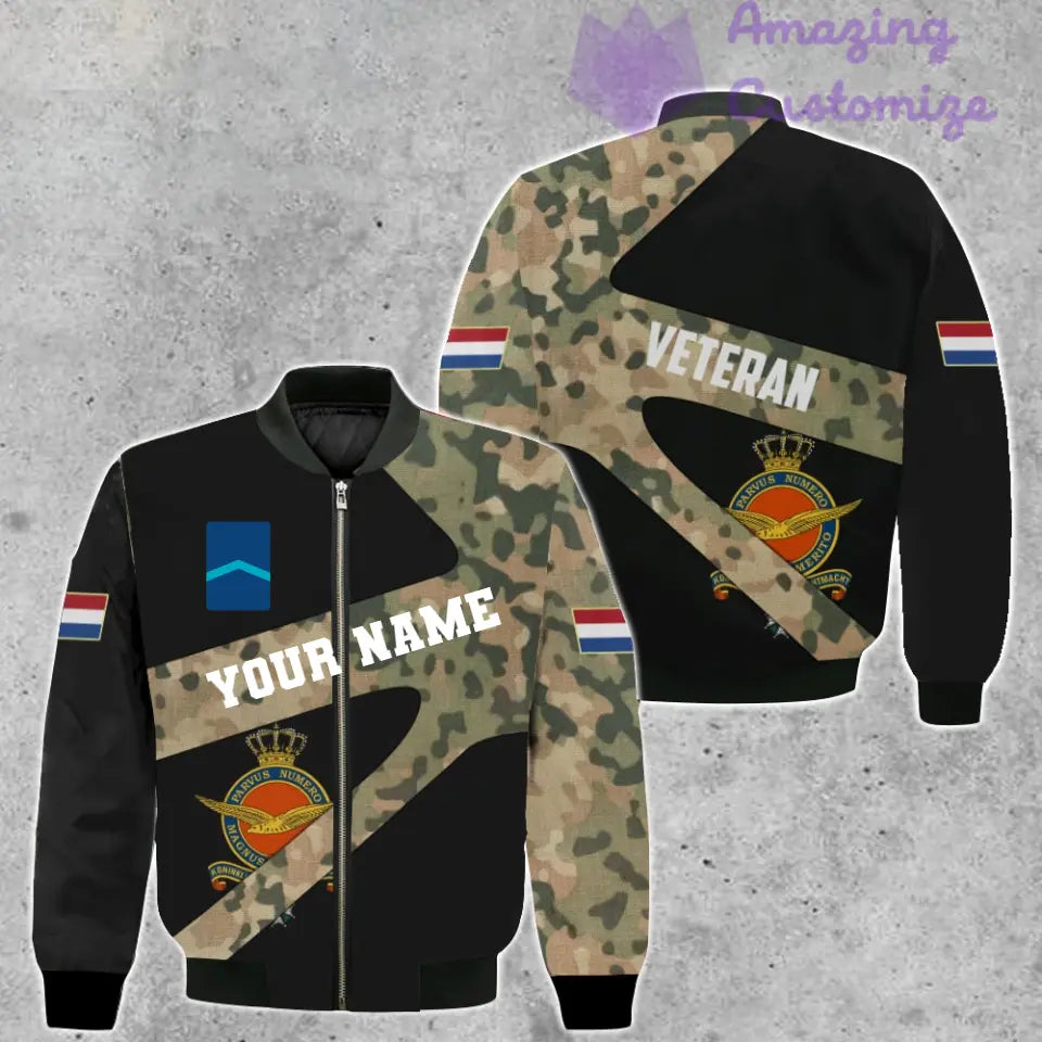 Personalisierte Bomberjacke mit Camouflage-Muster für niederländische Soldaten/Veteranen mit Namen und Rang, 3D-Druck – 300124QA