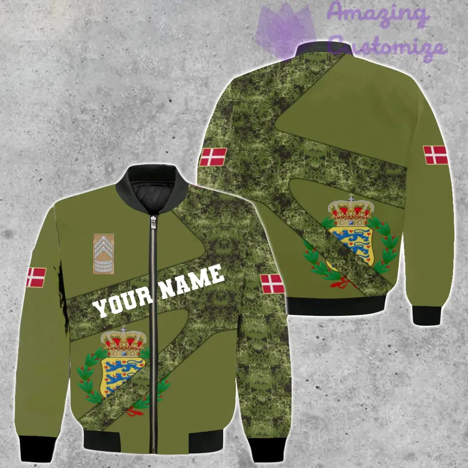 Personalisierte Bomberjacke mit dänischem Soldaten-/Veteranen-Camouflagemuster und Namen und Rang, 3D-Druck – 300124QA