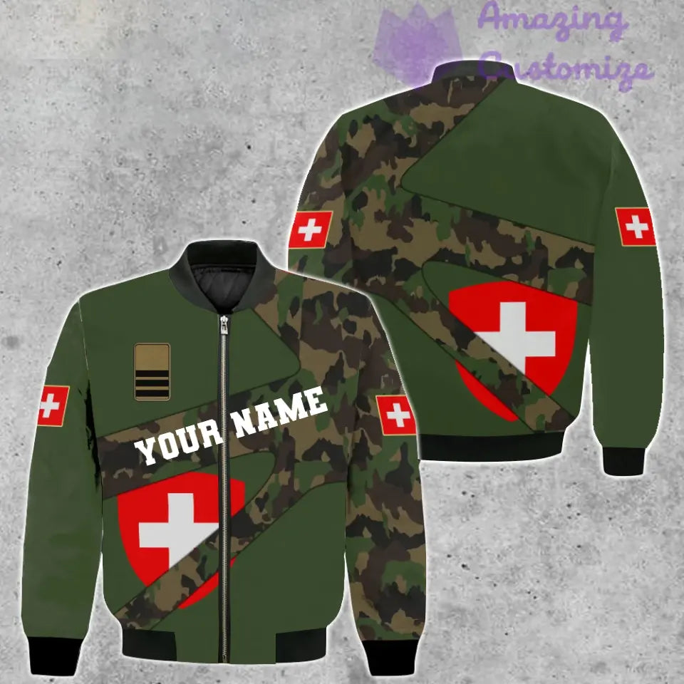 Personalisierte Bomberjacke mit Schweizer Soldaten-/Veteranen-Tarnmuster und Namen und Rang, 3D-Druck – 300124QA