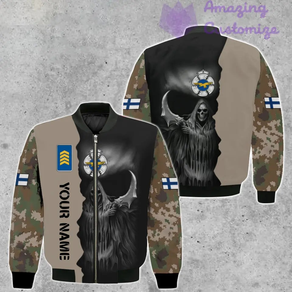 Personalisierte Bomberjacke mit finnischem Soldaten-/Veteranen-Tarnmuster und Namen und Rang, 3D-Druck – 260124QA