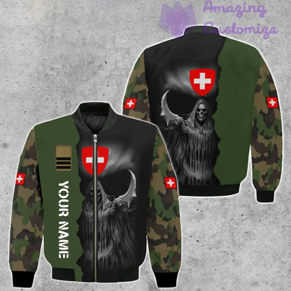 Personalisierte Bomberjacke mit Schweizer Soldaten-/Veteranen-Tarnmuster und Namen und Rang, 3D-Druck – 260124QA