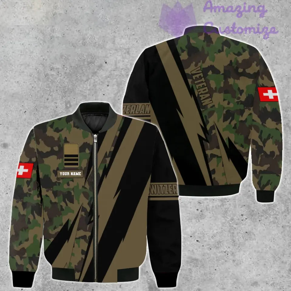 Personalisierte Bomberjacke mit Schweizer Soldaten-/Veteranen-Tarnmuster und Namen und Rang, 3D-Druck – 05032401QA