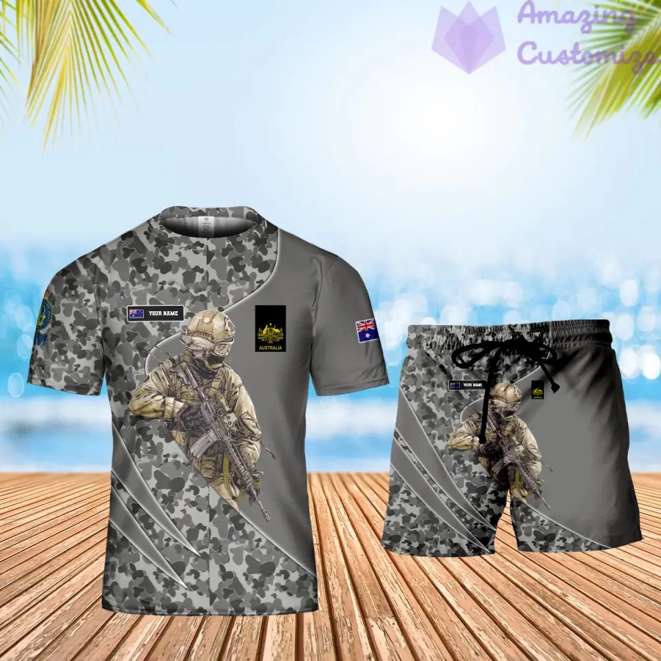 Personalisiertes australisches Soldaten-/Veteranen-Tarnmuster mit Namen und Rang, Kombi-T-Shirt + Shorts, 3D-Druck – 15052401QA