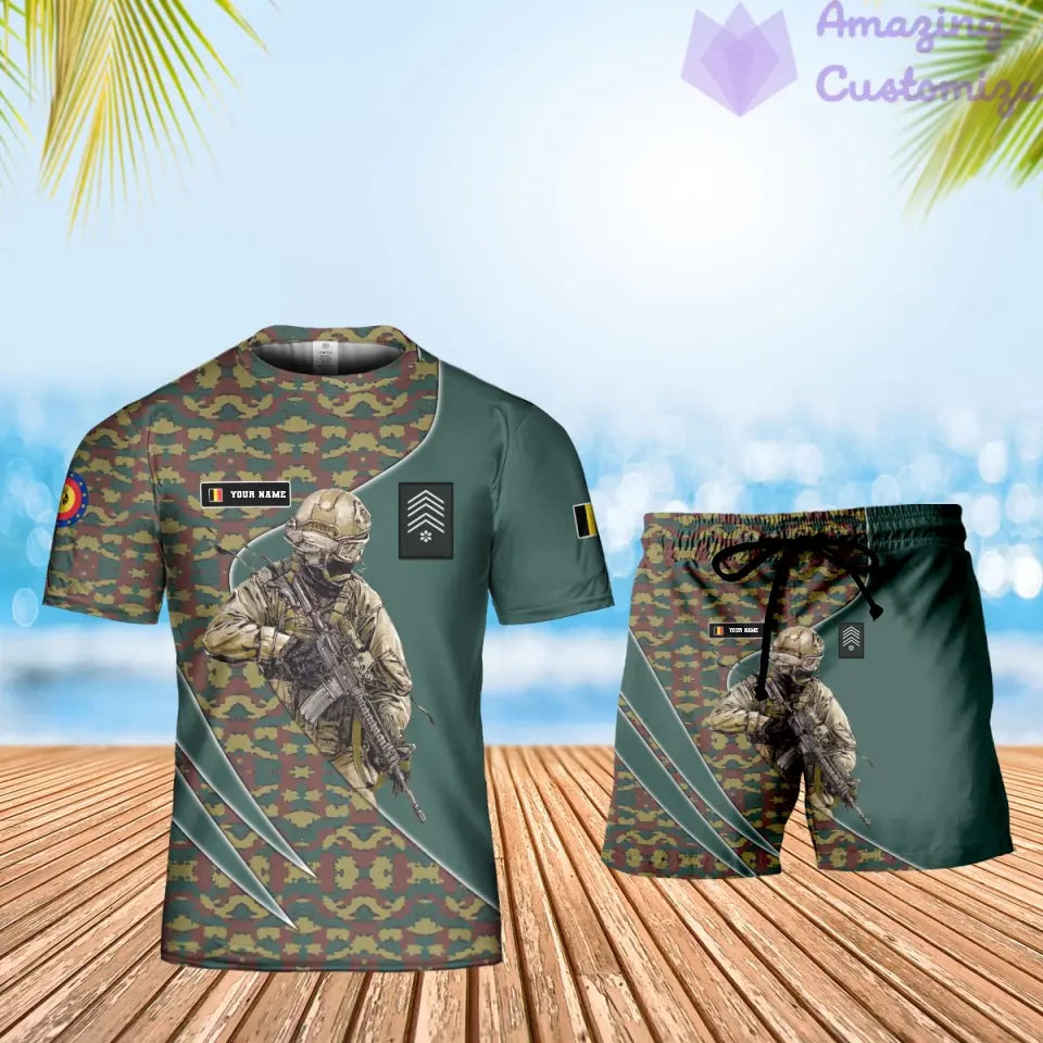 T-shirt personnalisé avec camouflage soldat/vétéran belge avec nom et grade + short imprimé en 3D - 15052401QA