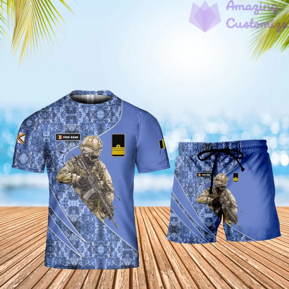 Personalisiertes belgisches Soldaten-/Veteranen-Tarnmuster mit Namen und Rang, Kombi-T-Shirt + Shorts, 3D-Druck – 15052401QA