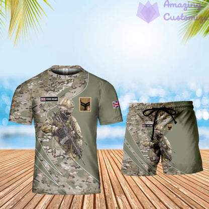 Personalisiertes britisches Soldaten-/Veteranen-Tarnmuster mit Namen und Rang, Kombi-T-Shirt + Short, 3D-Druck – 15052401QA