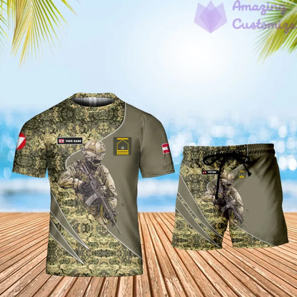 Personalisiertes österreichisches Soldaten-/Veteranen-Tarnmuster mit Namen und Rang, Kombi-T-Shirt + Shorts, 3D-Druck -15052401QA