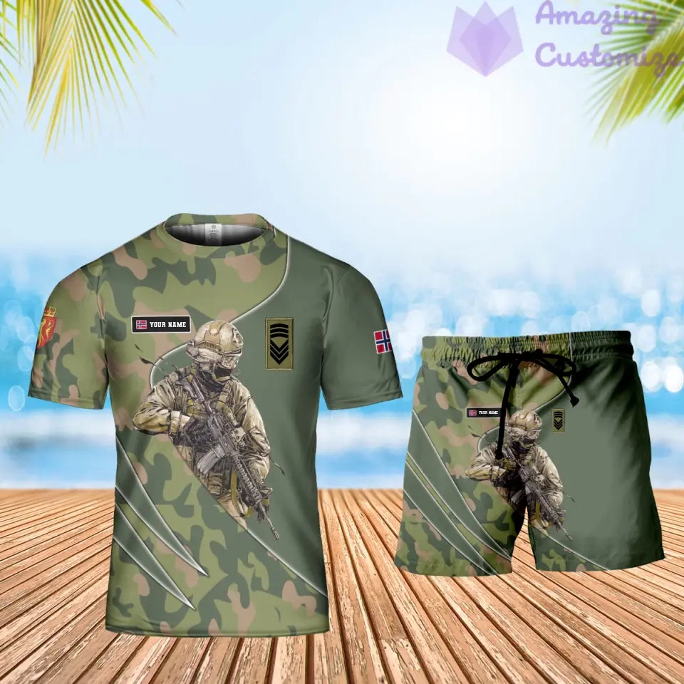 T-shirt personnalisé avec camouflage soldat/vétéran norvégien avec nom et grade + short imprimé en 3D -15052401QA