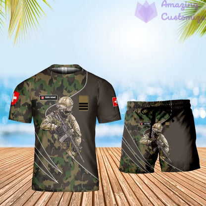 Personalisiertes Schweizer Soldat/Veteranen-Tarnmuster mit Namen und Rang, Kombi-T-Shirt + Short, 3D-Druck -15052401QA