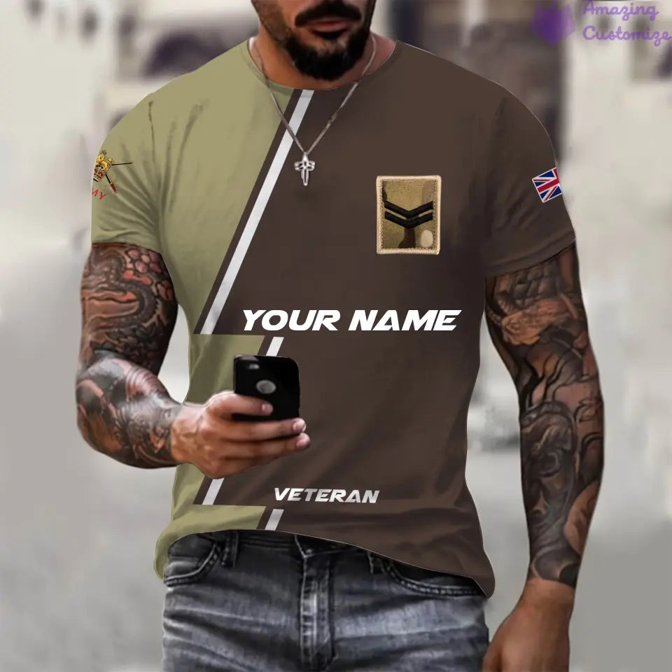 T-shirt personnalisé avec nom et grade de soldat/vétéran du Royaume-Uni imprimé sur toute la surface - 20052401QA