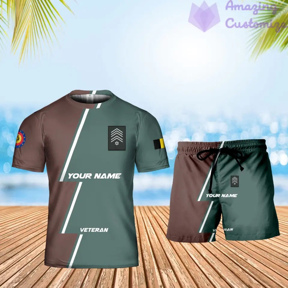 Personalisiertes belgisches Soldaten-/Veteranen-Tarnmuster mit Namen und Rang, Kombi-T-Shirt + Shorts, 3D-Druck – 17161632