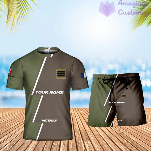 Personalisiertes französisches Soldaten-/Veteranen-Tarnmuster mit Namen und Rang, Kombi-T-Shirt + Short, 3D-Druck – 17161632