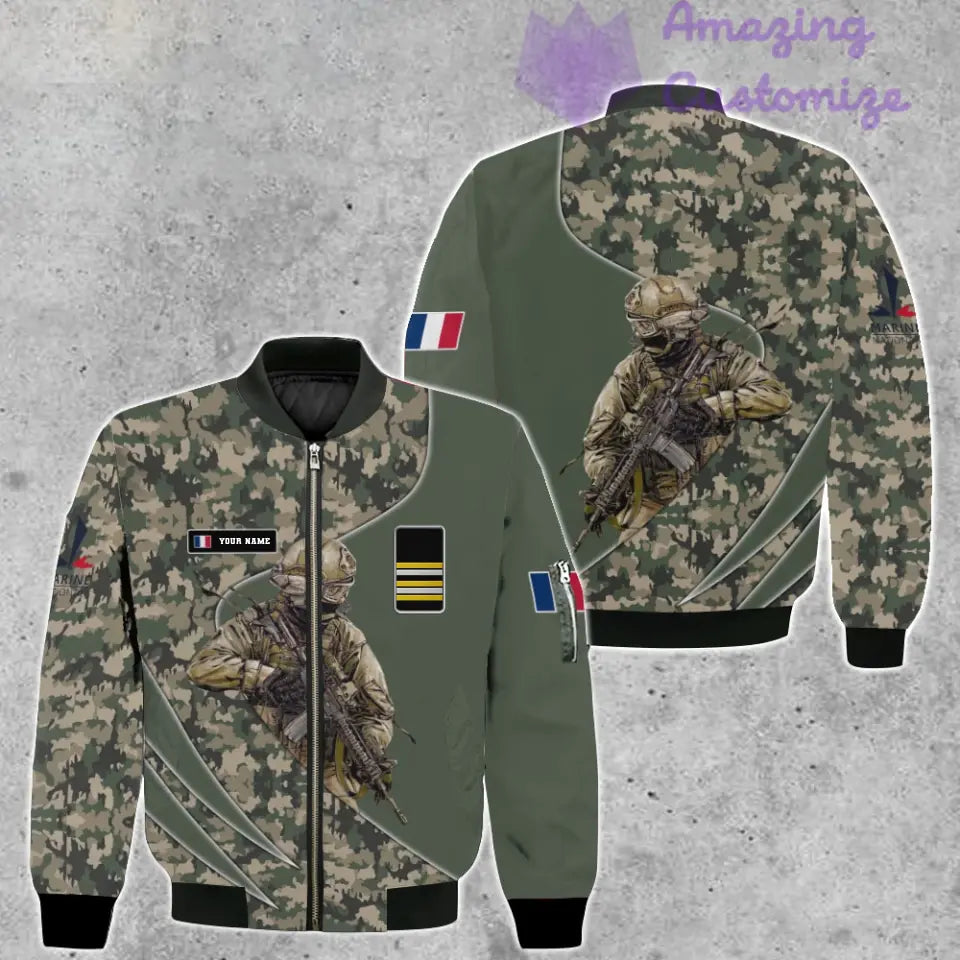 Personalisierte Bomberjacke mit Camouflage-Muster für französische Soldaten/Veteranen mit Namen und Rang, 3D-Druck – 150524QA