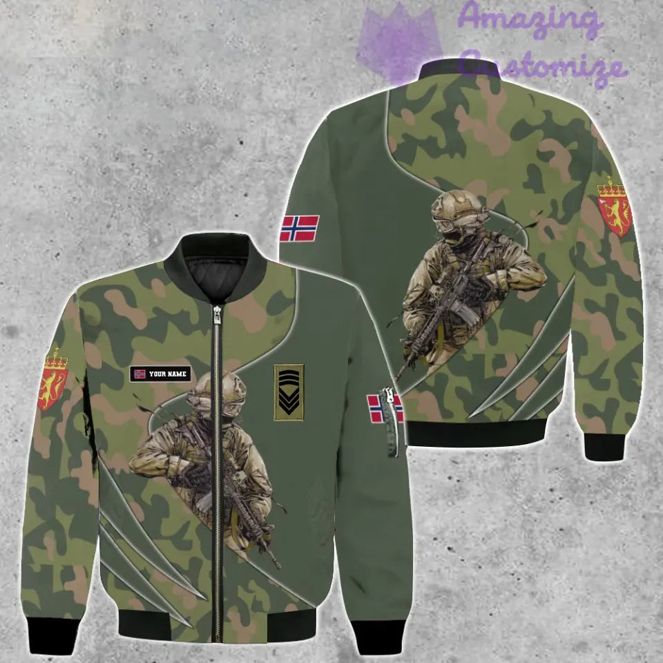 Personalisierte Bomberjacke mit Camouflage-Muster für norwegische Soldaten/Veteranen mit Namen und Rang, 3D-Druck – 150524QA