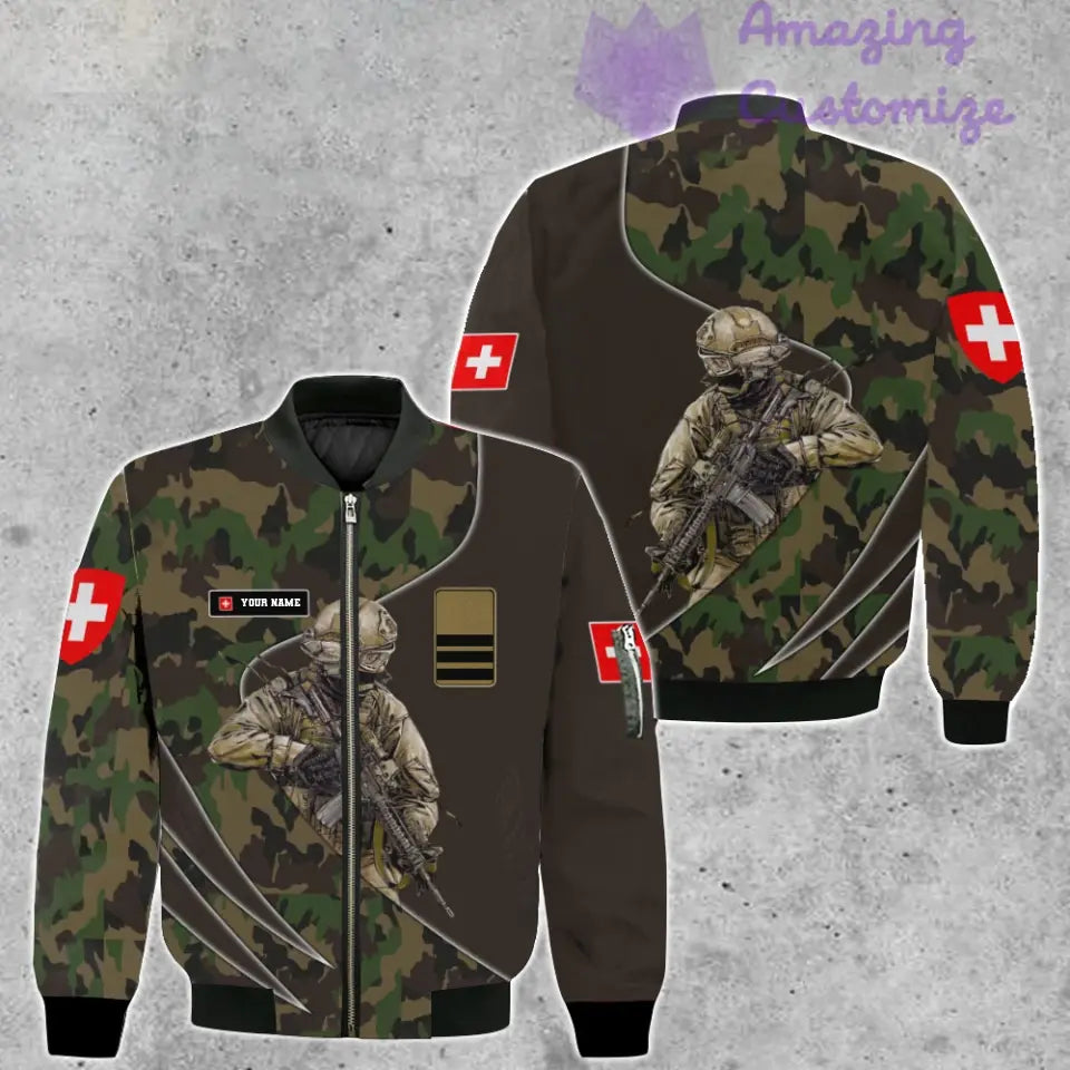 Blouson aviateur personnalisé avec camouflage soldat/vétéran suisse avec nom et grade imprimé en 3D - 150524QA