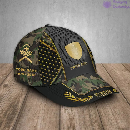 Personalized Rank, Year And Name Swiss Soldier/Veterans Camo Baseball Cap - 17163360