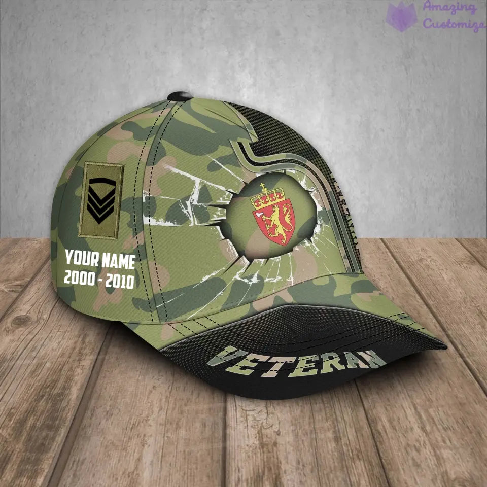 Casquette de baseball camouflage personnalisée avec rang, année et nom de soldat/vétéran norvégien - 16854048