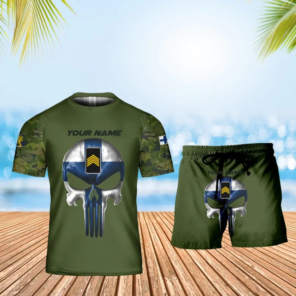 Personalisiertes finnisches Soldaten-/Veteranen-Tarnmuster mit Namen und Rang, Kombi-T-Shirt + Short, 3D-Druck – 17168544