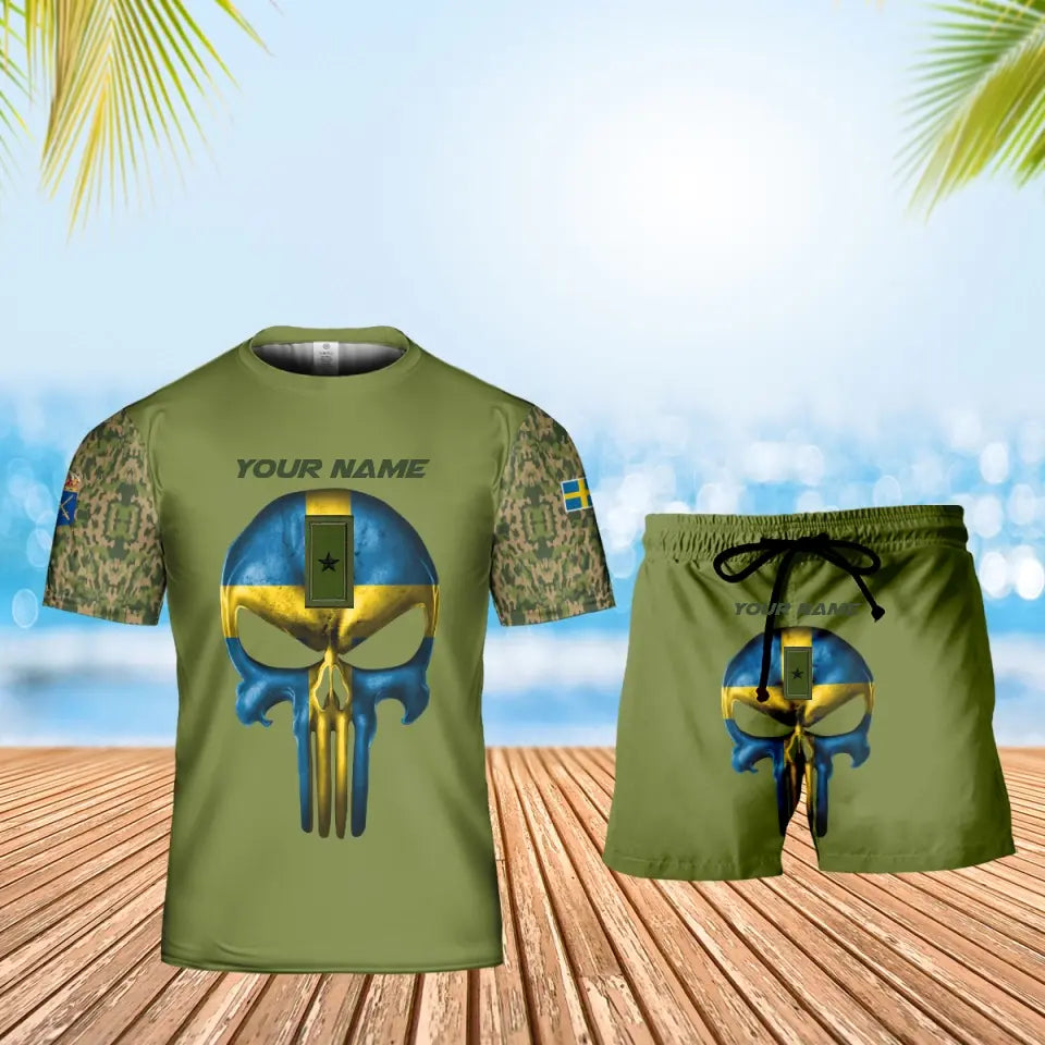 Personalisiertes schwedisches Soldaten-/Veteranen-Tarnmuster mit Namen und Rang, Kombi-T-Shirt + Short, 3D-Druck – 17168544