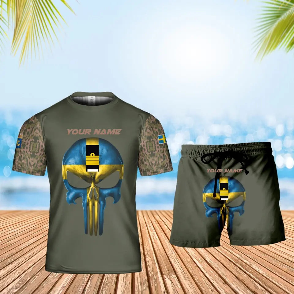 Personalisiertes schwedisches Soldaten-/Veteranen-Tarnmuster mit Namen und Rang, Kombi-T-Shirt + Short, 3D-Druck – 17168544