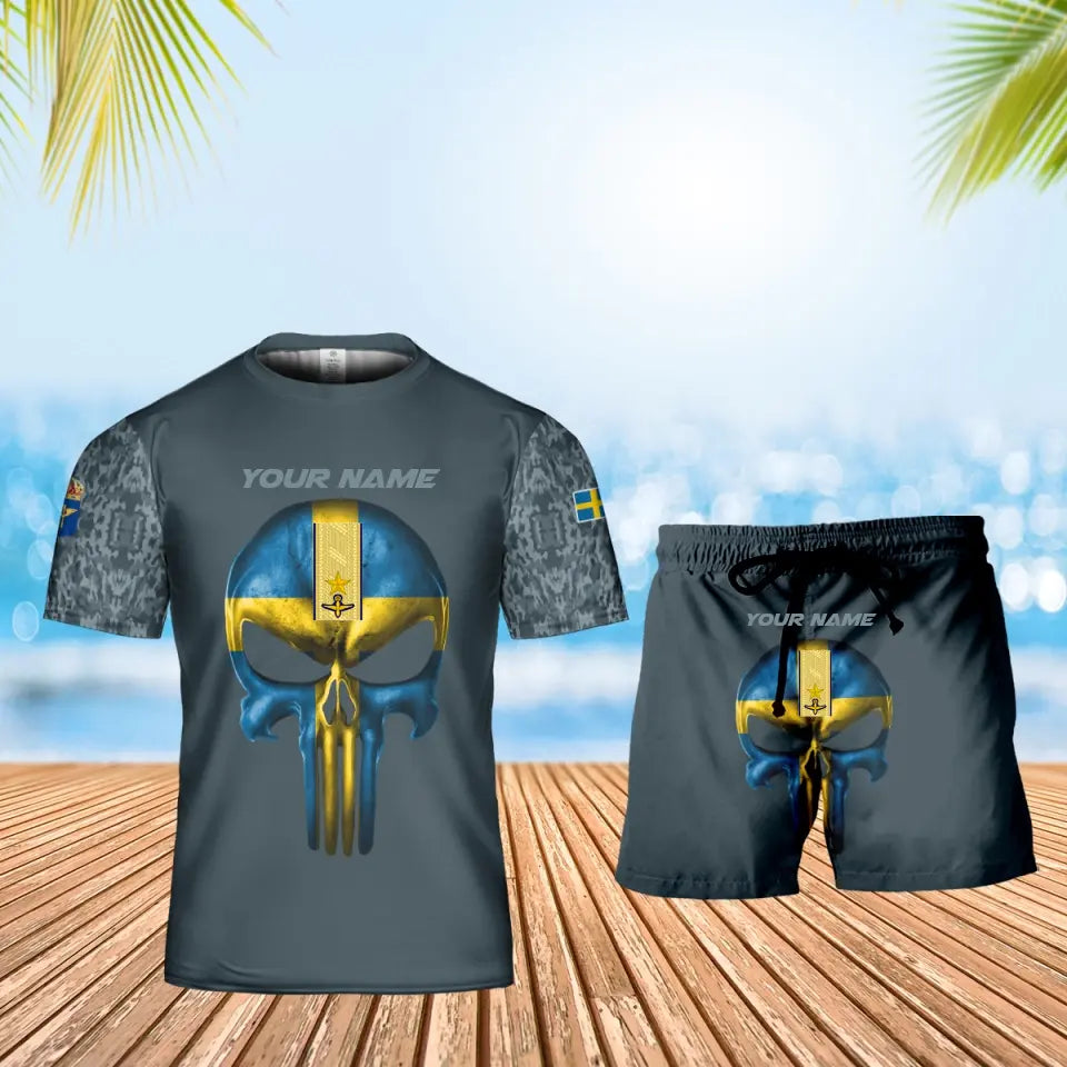 Personalisiertes schwedisches Soldaten-/Veteranen-Tarnmuster mit Namen und Rang, Kombi-T-Shirt + Short, 3D-Druck – 17168544