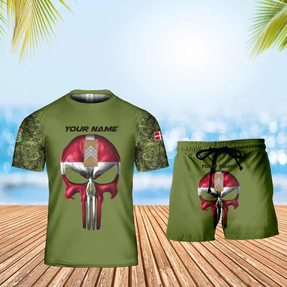 Personalisiertes dänisches Soldaten-/Veteranen-Tarnmuster mit Namen und Rang, Kombi-T-Shirt + Short, 3D-Druck – 17168544