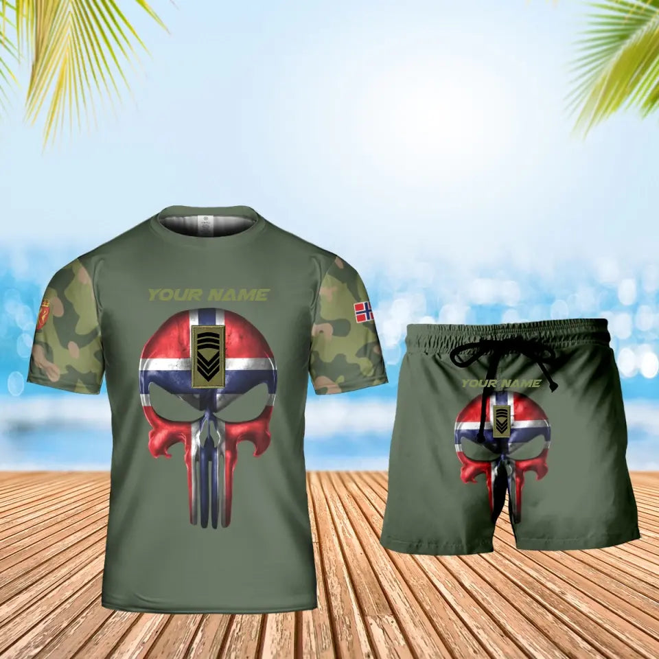 Personalisiertes norwegisches Soldaten-/Veteranen-Tarnmuster mit Namen und Rang, Kombi-T-Shirt + Short, 3D-Druck – 17168544