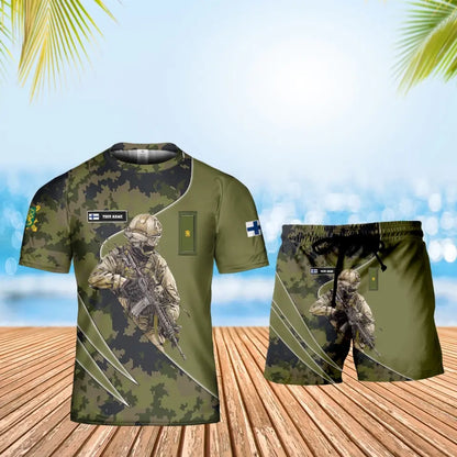 Personalisiertes finnisches Soldaten-/Veteranen-Tarnmuster mit Namen und Rang, Kombi-T-Shirt + Shorts, 3D-Druck – 15052401QA