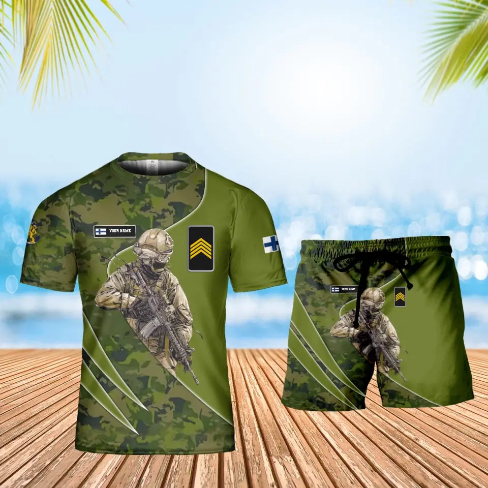 Personalisiertes finnisches Soldaten-/Veteranen-Tarnmuster mit Namen und Rang, Kombi-T-Shirt + Shorts, 3D-Druck – 15052401QA