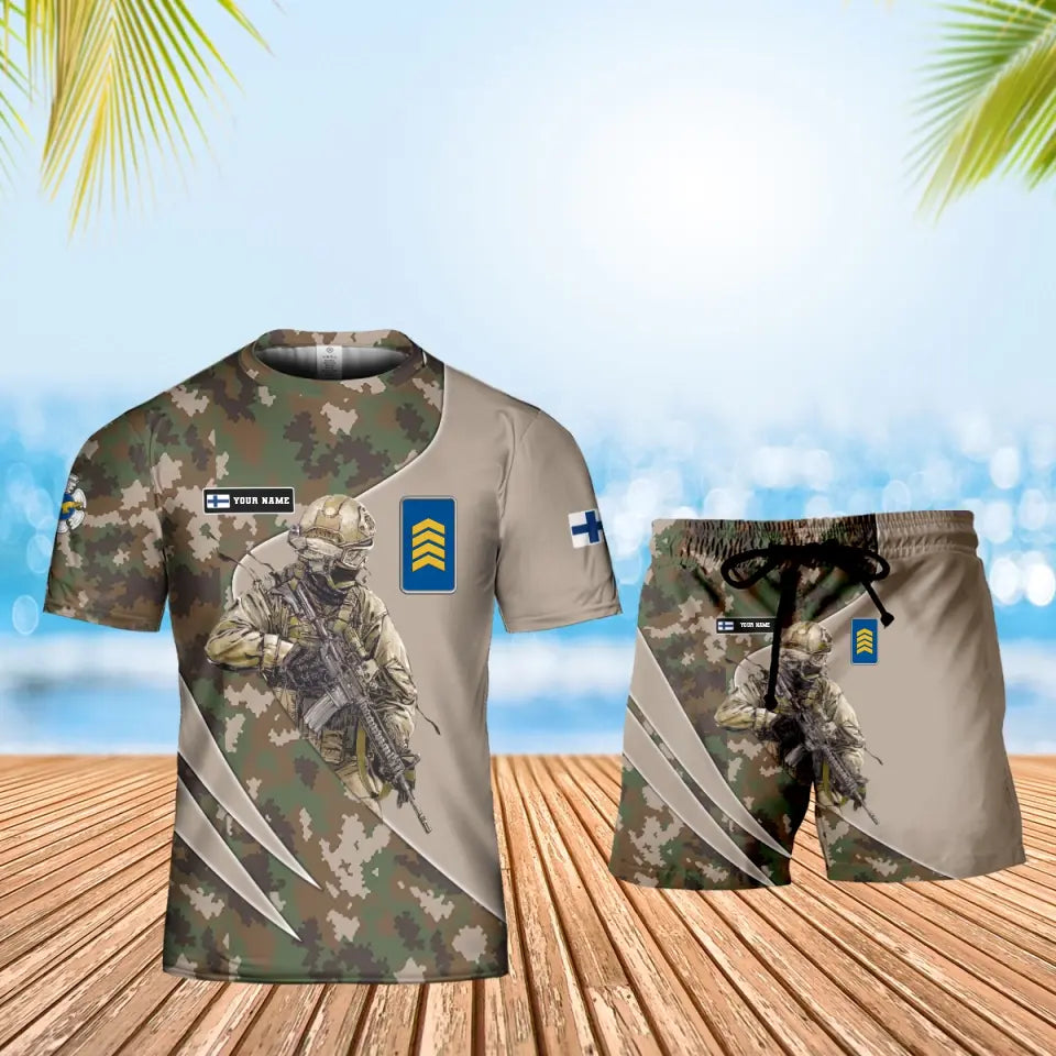 T-shirt personnalisé avec camouflage soldat/vétéran finlandais avec nom et grade + short imprimé en 3D - 15052401QA