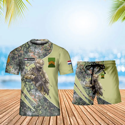 Personalisiertes niederländisches Soldaten-/Veteranen-Tarnmuster mit Namen und Rang, Kombi-T-Shirt + Short, 3D-Druck – 15052401QA