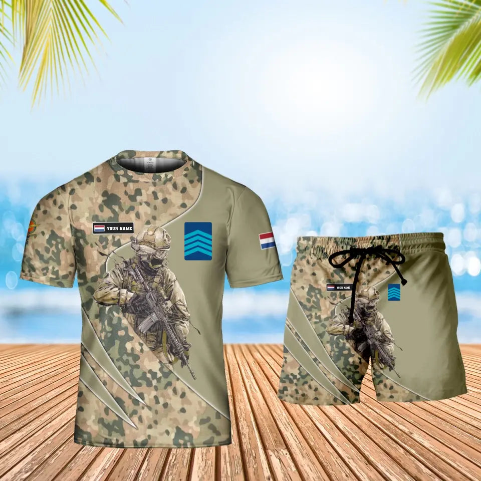 Personalisiertes niederländisches Soldaten-/Veteranen-Tarnmuster mit Namen und Rang, Kombi-T-Shirt + Short, 3D-Druck – 15052401QA