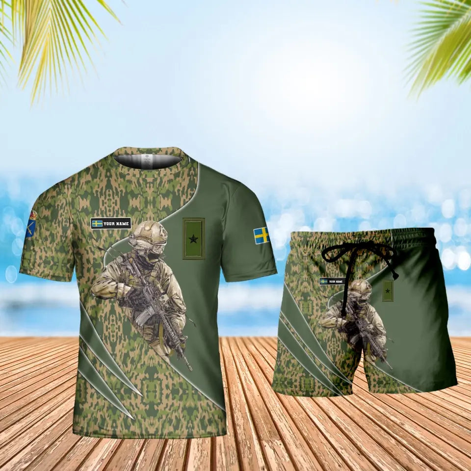 Personalisierter schwedischer Soldat/Veteran, Camouflage, mit Namen und Rang, Kombi-T-Shirt + Short, 3D-Druck – 15052401QA