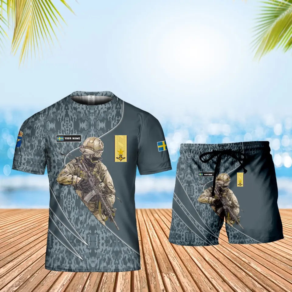 Personalisierter schwedischer Soldat/Veteran, Camouflage, mit Namen und Rang, Kombi-T-Shirt + Short, 3D-Druck – 15052401QA