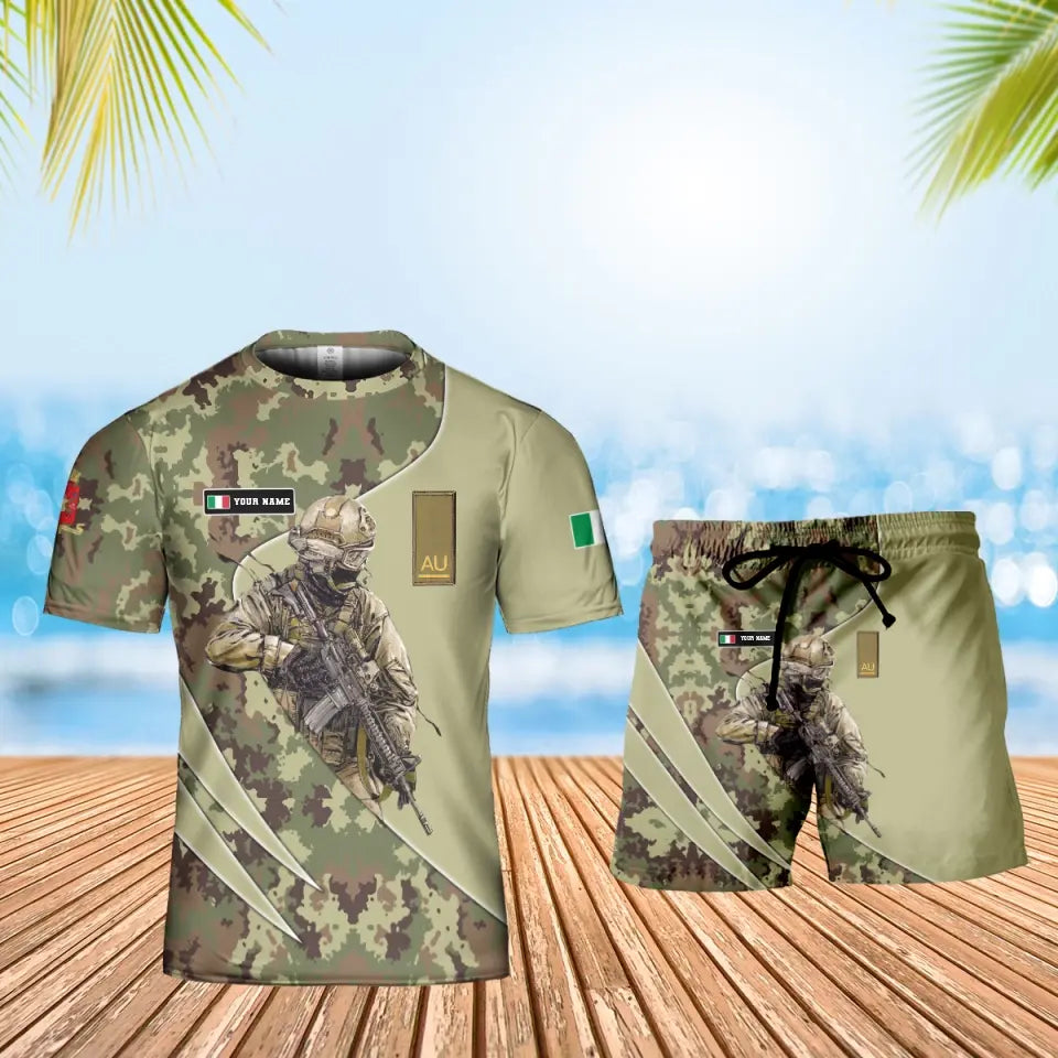 T-shirt personnalisé avec camouflage soldat/vétéran italien avec nom et grade + short imprimé en 3D -15052401QA