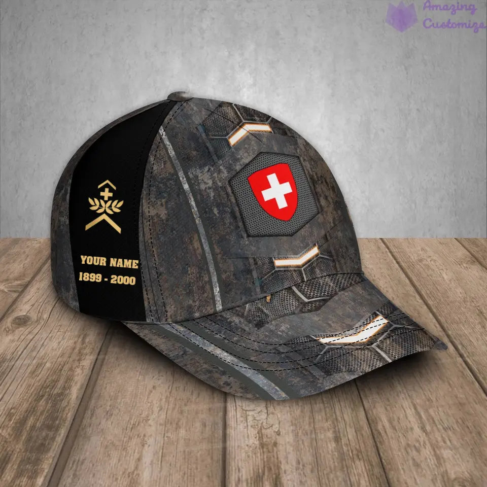 Personalized Rank, Year And Name Swiss Soldier/Veterans Camo Baseball Cap - 17151264