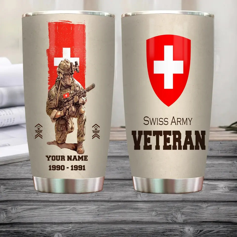 Verre personnalisé pour vétéran/soldat suisse avec grade, année et nom imprimés sur toute la surface - 10062401QA