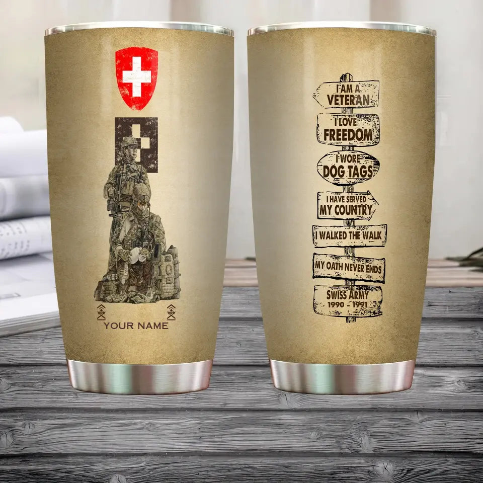 Verre personnalisé pour vétéran/soldat suisse avec grade, année et nom imprimés sur toute la surface - 12062401QA