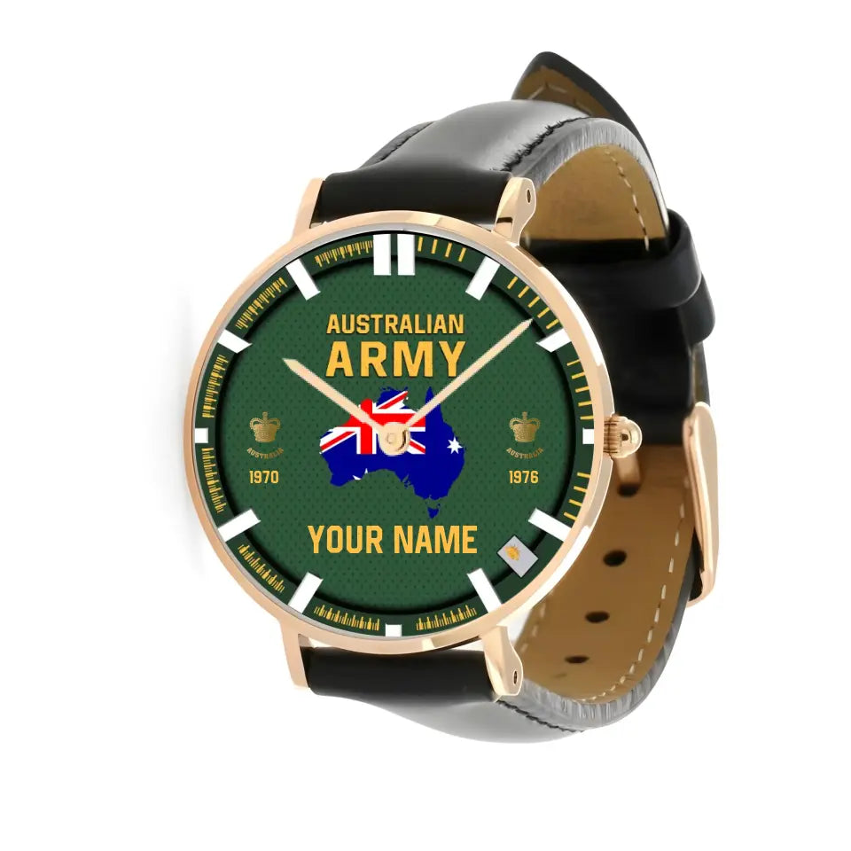 Personalized Australia Soldier/ Veteran With Name, Rank and Year Black Stitched Leather Watch - 17062402QA - Gold Version