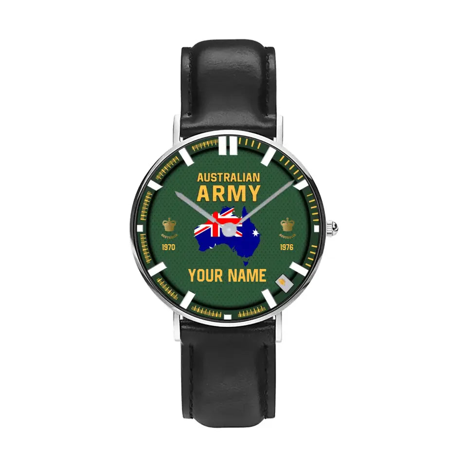 Personalized Australia Soldier/ Veteran With Name, Rank and Year Black Stitched Leather Watch - 17062402QA - Gold Version