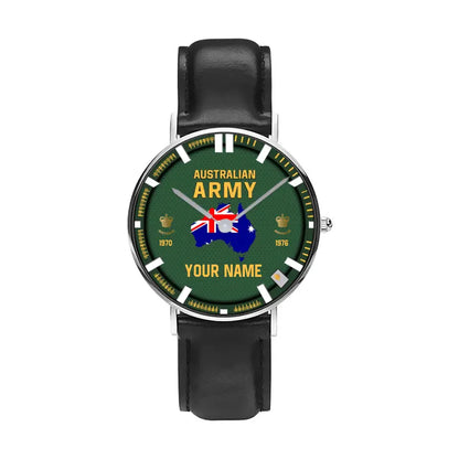 Montre personnalisée en cuir noir cousu pour soldat/vétéran australien avec nom, grade et année - 17062402QA - Version dorée