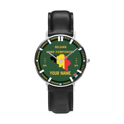 Personalisierte belgische Soldat/Veteran mit Namen, Rang und Jahr, schwarze genähte Lederuhr – 17062402QA – goldene Version