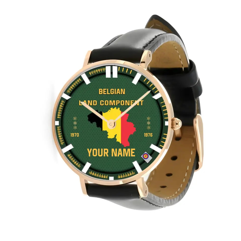 Montre personnalisée en cuir noir cousu pour soldat/vétéran belge avec nom, grade et année - 17062402QA - Version dorée